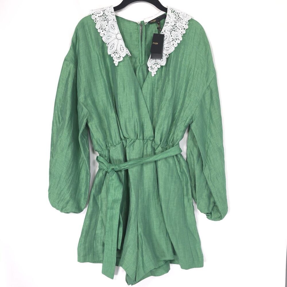 NWT MAJE Women’s‎ Size 40 US 8 LINEN Blend Short Jumpsuit Romper Green Lace - Picture 4 of 16